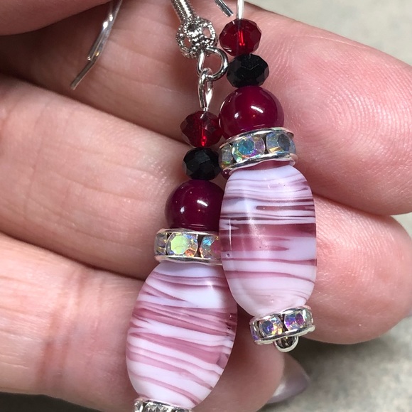 Glass and pink agate earrings in silver accents, burgundy hues - Picture 7 of 9